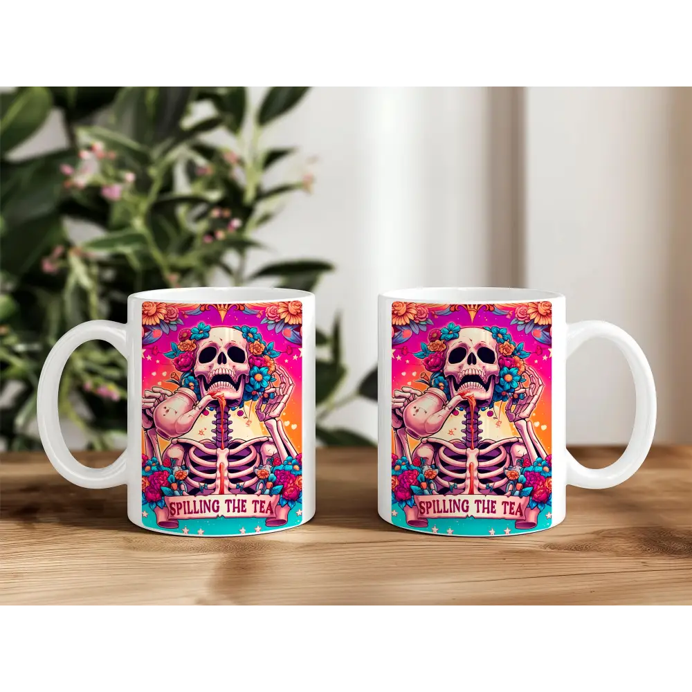 teetasse kafeetasse becher keramik skull skurill skelett spilling the tea